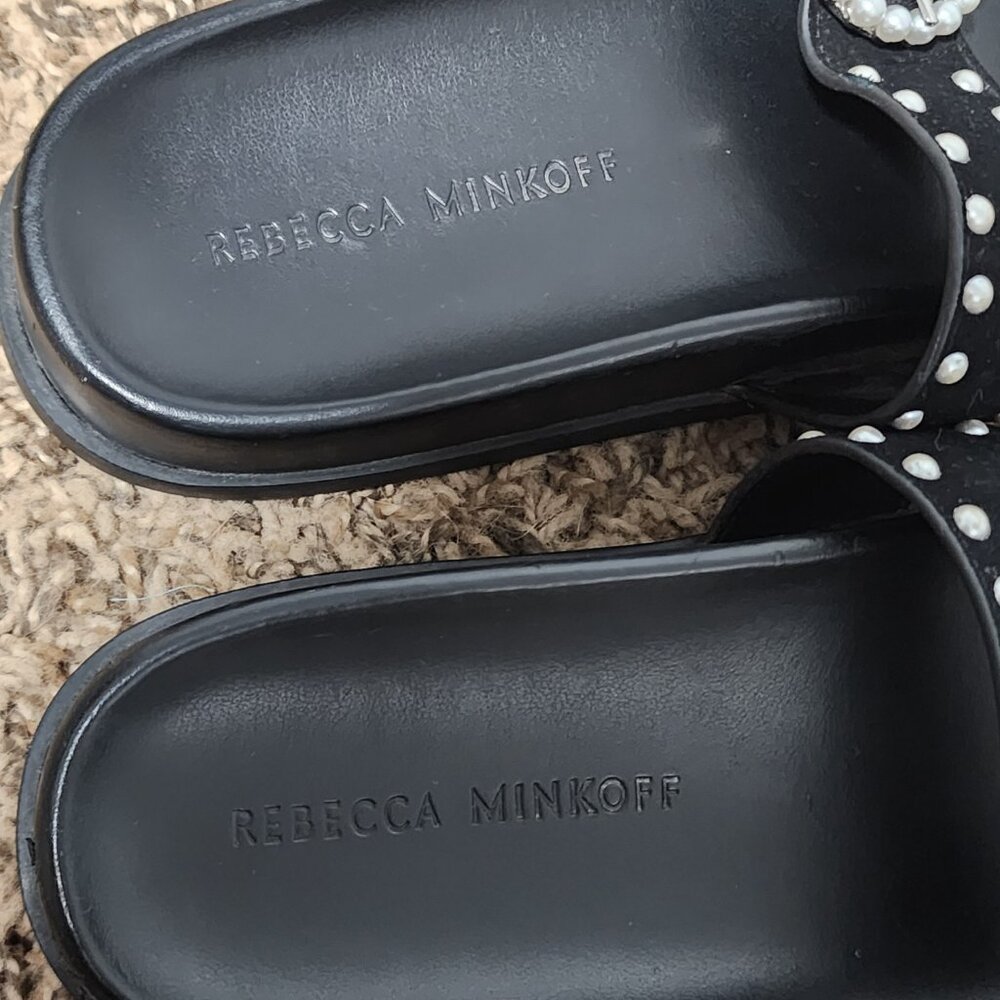 Rebecca Minkoff Lark Pear Embellished Black Slide Buckle Sandals 7.5 Edgy Chic - Picture 5 of 7